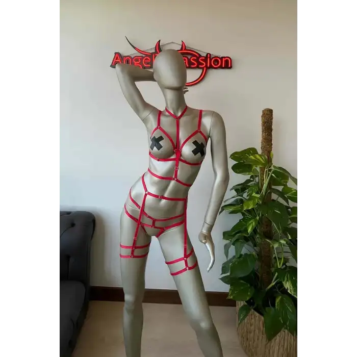 Kırmızı Lastik Seksi Body Harness Takım