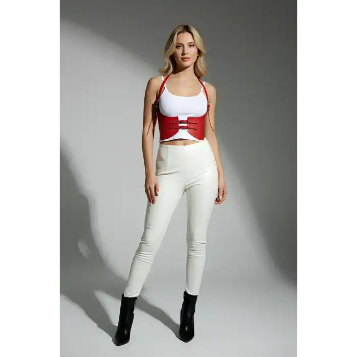 Kırmızı Renk Kalın Kadın Kemeri, Elbise Kemeri, Şık Deri Kemer, Deri Kemer Harness - APFT605