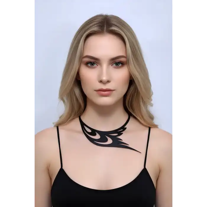 Kuş Kanadı ve Göz Detaylı Şık Deri Choker, Deri Kolye - APFT1414