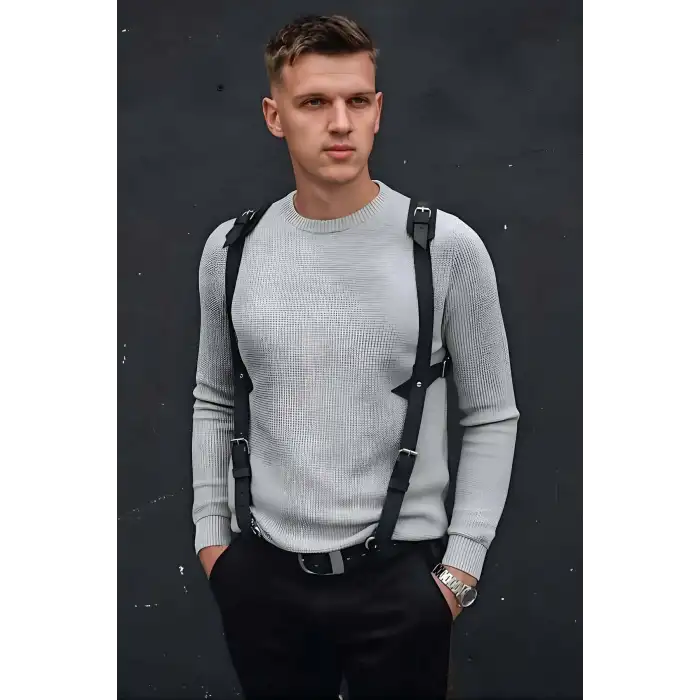 Omuz Detaylı Şık Erkek Deri Harness, Erkek Gömlek Üzeri Aksesuar - APFTM135