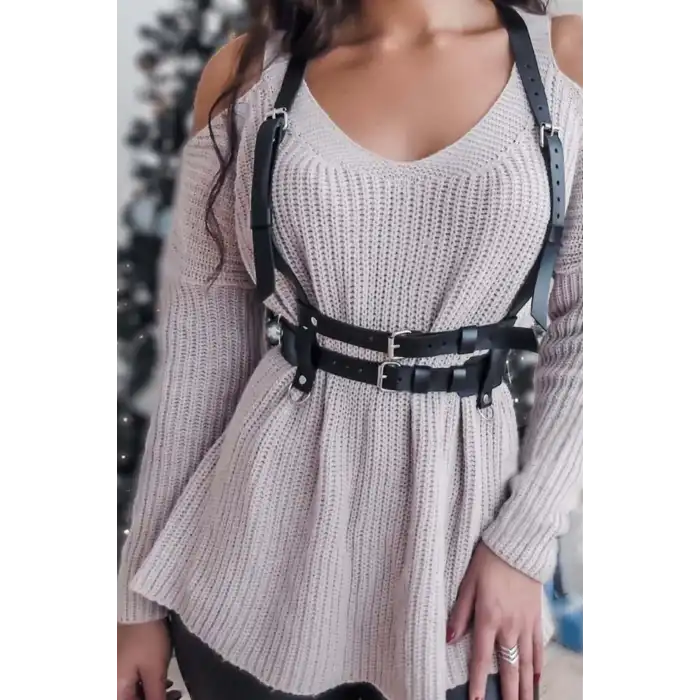 Omuzdan Askılı Püskül Detaylı Elbise Üzeri Şık Deri Bel Korse Kemer APFT638