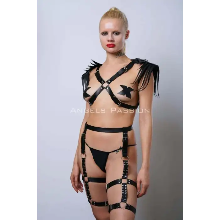 Omuzları Püsküllü Seksi Jartiyer Takım, Kırbaçlı Deri Jartiyer Takım - APFT1344