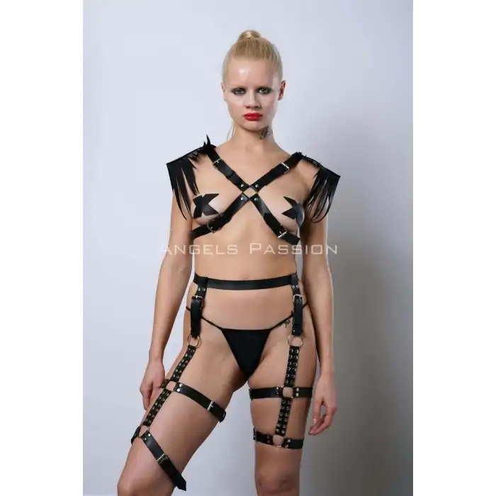 Omuzları Püsküllü Seksi Jartiyer Takım, Kırbaçlı Deri Jartiyer Takım - APFT1344