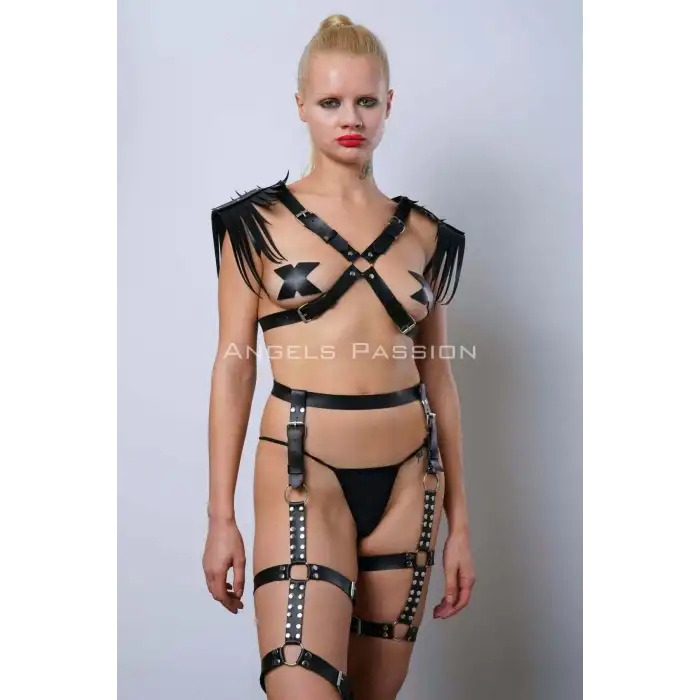 Omuzları Püsküllü Seksi Jartiyer Takım, Kırbaçlı Deri Jartiyer Takım - APFT1344