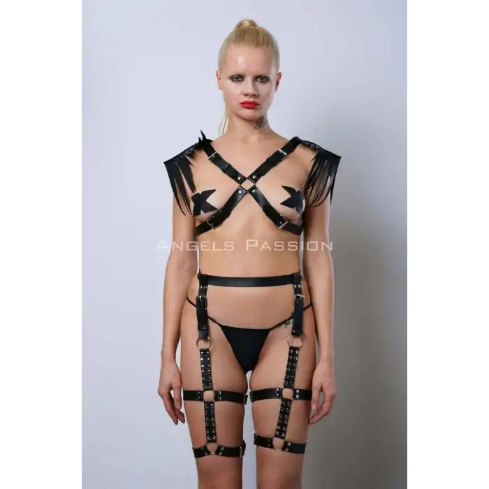 Omuzları Püsküllü Seksi Jartiyer Takım, Kırbaçlı Deri Jartiyer Takım - APFT1344