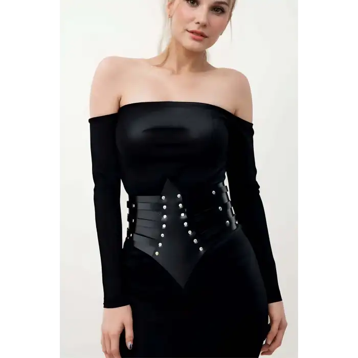 Perçin Detaylı, Şık Elbise Üzeri Deri Korse Kemer, Elbise Kemeri - APFT1087