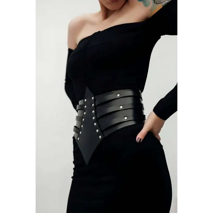 Perçin Detaylı, Şık Elbise Üzeri Deri Korse Kemer, Elbise Kemeri - APFT1087