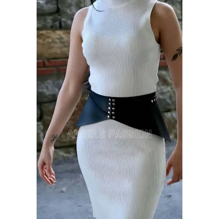 Perçin Detaylı Şık Kadın Kemer, Tarz Kadın Kemer, Elbise Üstü Deri Korse Kemer - APFT873