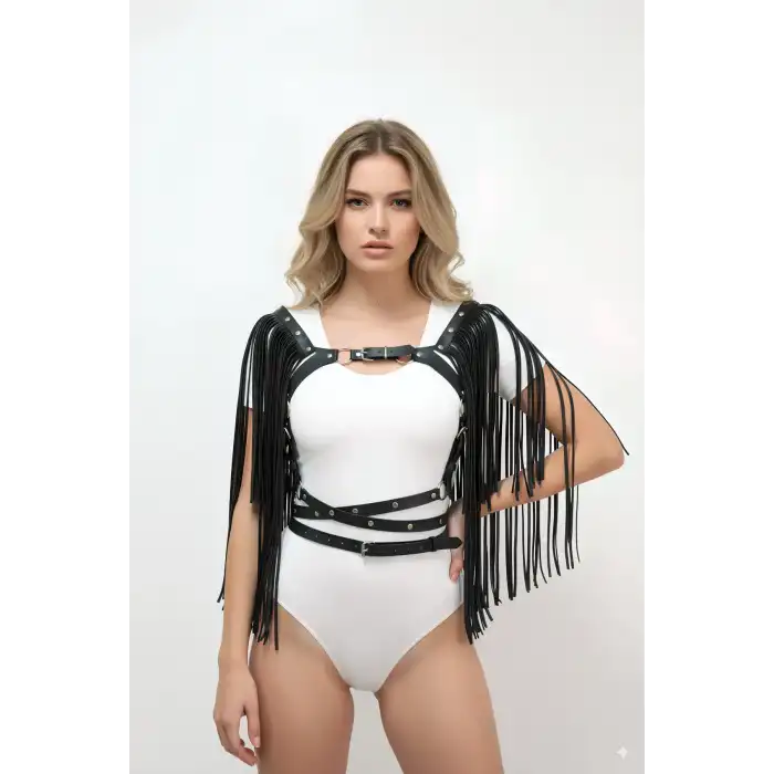 Püskül Detaylı Deri Göğüs Harness, Deri Harness Püsküllü Ceket - APFT999