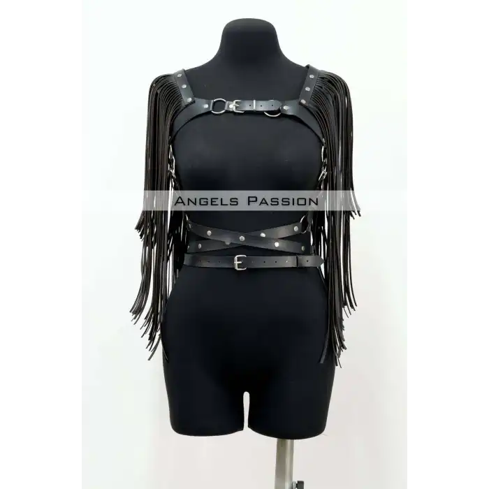 Püskül Detaylı Deri Göğüs Harness, Deri Harness Püsküllü Ceket - APFT999