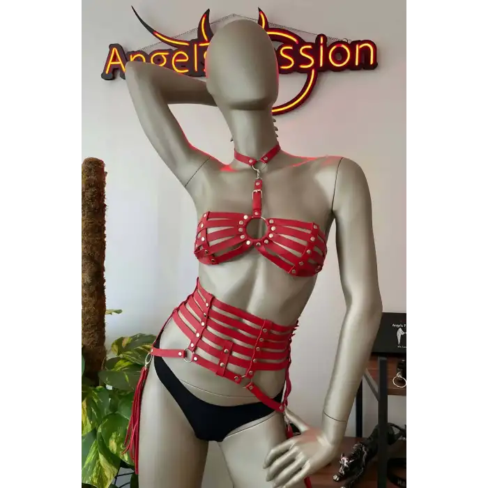 Püskül Detaylı Kırmızı Deri Korse Sütyen Harness Takım