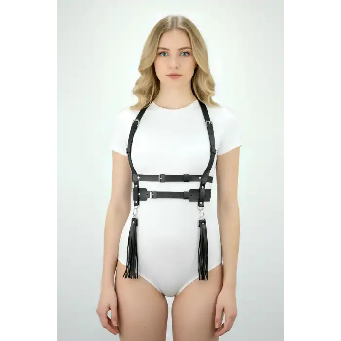 Püskül Detaylı Omuzdan Askılı Elbise Üzeri Şık Deri Bel Korse Kemer APFT638