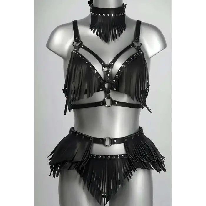 Püskül Detaylı Şık Deri Harness Takım - APFT627