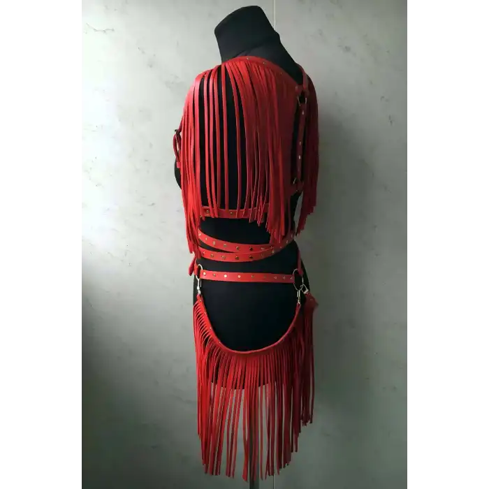 Püskül Detaylı Şık Kırmızı Deri Etek - Ceket Takım, Deri Etek ve Ceket Takım - APFT1005