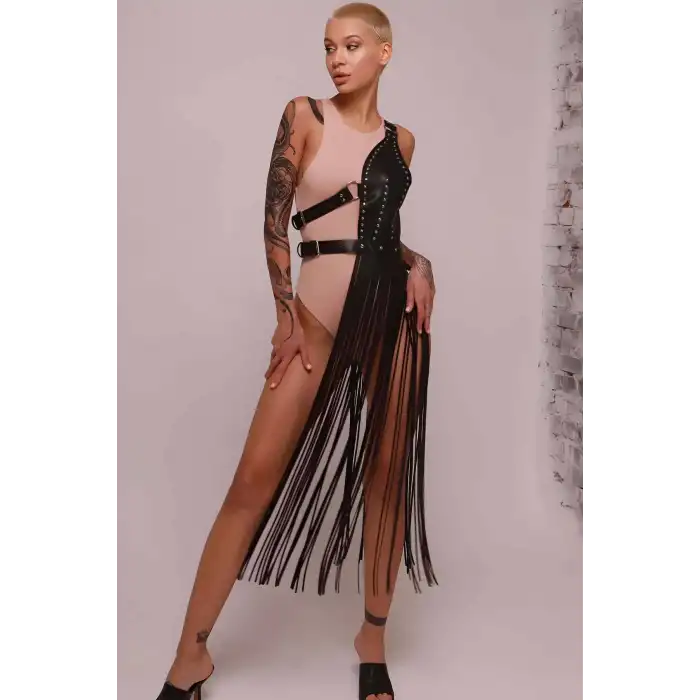 Püsküllü Deri Ceket Harness, Püsküllü Seksi Deri Harness - APFT1014