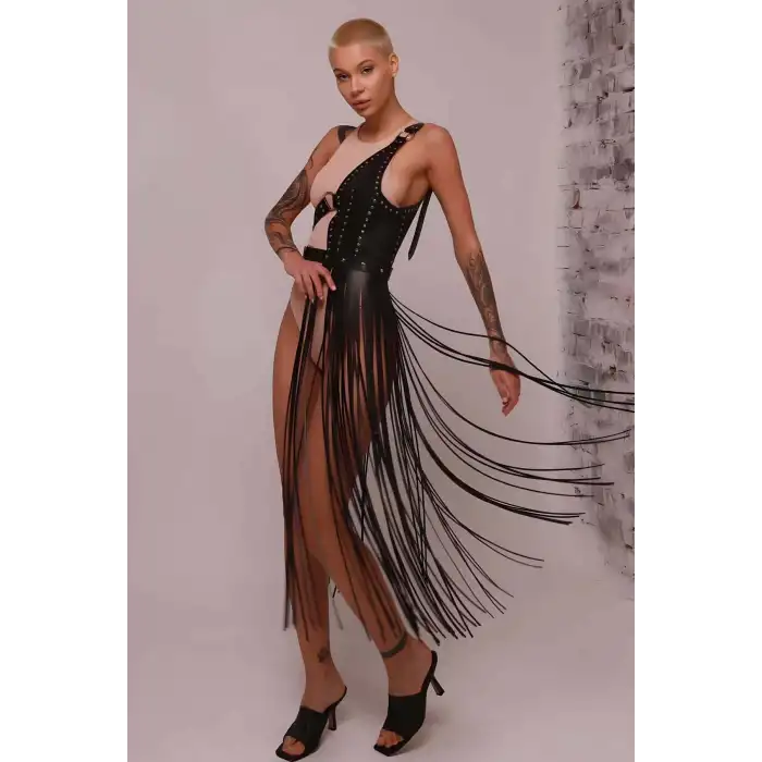 Püsküllü Deri Ceket Harness, Püsküllü Seksi Deri Harness - APFT1014