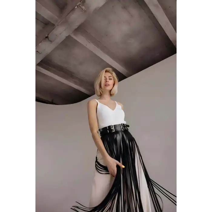 Püsküllü Deri Etek, Bel Üzeri Şık Püsküllü Deri Etek - APFT1090