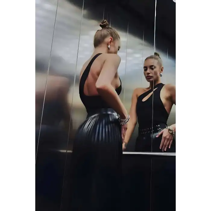 Püsküllü Deri Etek, Şık Deri Etek, Uzun Deri Etek, Siyah Deri Etek - APFT637