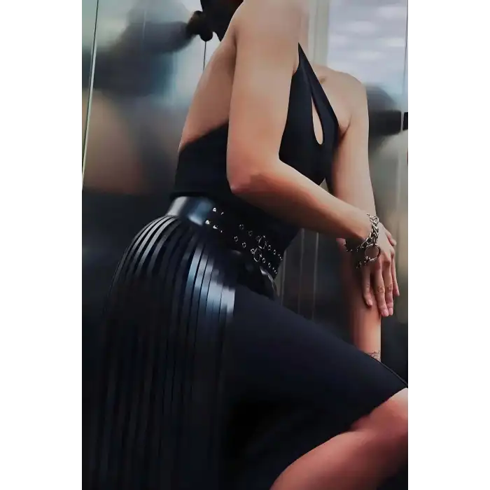 Püsküllü Deri Etek, Şık Deri Etek, Uzun Deri Etek, Siyah Deri Etek - APFT637