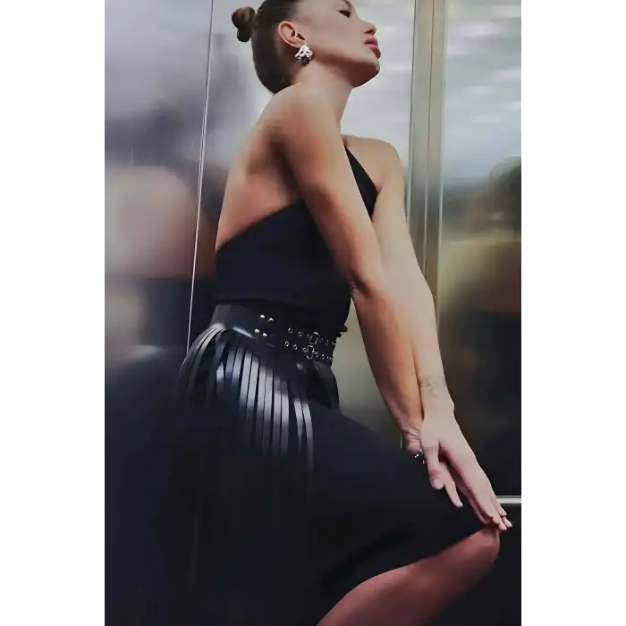 Püsküllü Deri Etek, Şık Deri Etek, Uzun Deri Etek, Siyah Deri Etek - APFT637