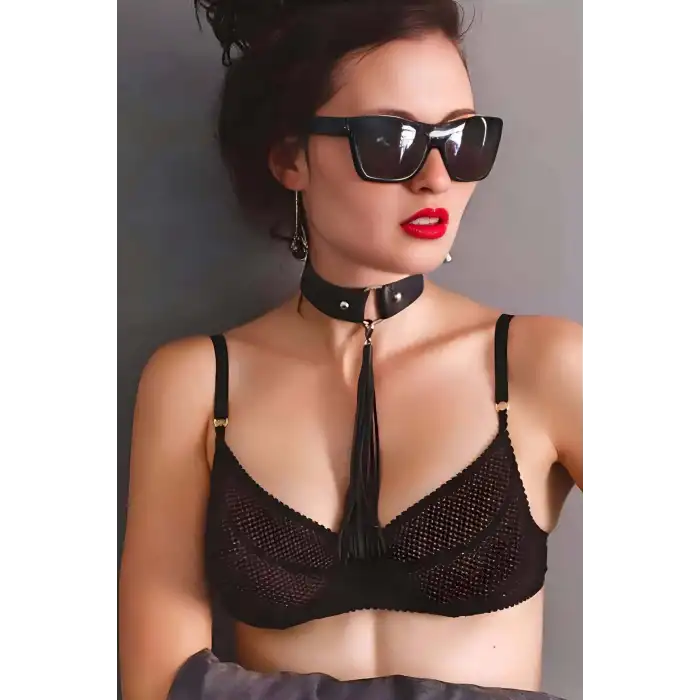 Püsküllü Deri Tasma, Deri Choker, Püskül Detaylık Şık Choker - APFT1236