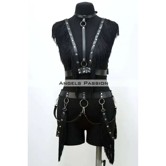 Püslüllü Deri Harness Takım, Püsküllü Elbise Aksesuarı - APFT768