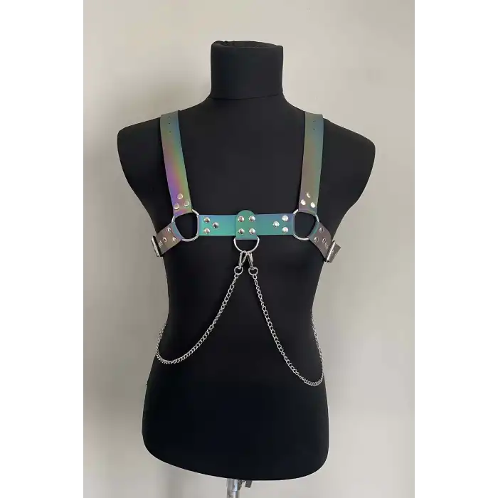 Rainbow Reflektörlü (Karanlıkta Parlayan) Zincir Detaylı Şık Erkek Göğüs Harness, Reflektörlü Clubwear - APFTM109