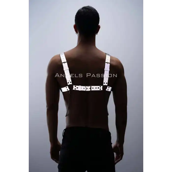 Reflektörlü (Karanlıkta Parlayan) Zincir Detaylı Şık Erkek Göğüs Harness, Reflektörlü Clubwear - APFTM109