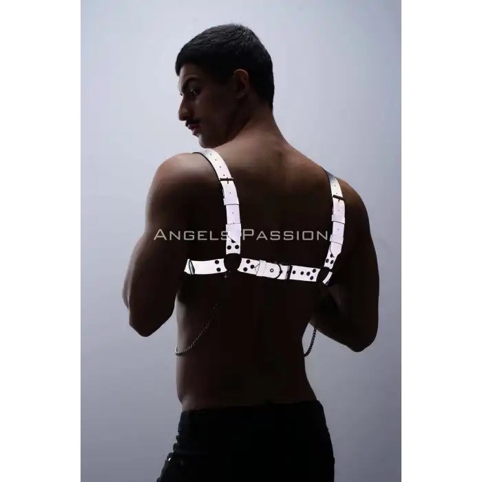 Reflektörlü (Karanlıkta Parlayan) Zincir Detaylı Şık Erkek Göğüs Harness, Reflektörlü Clubwear - APFTM109