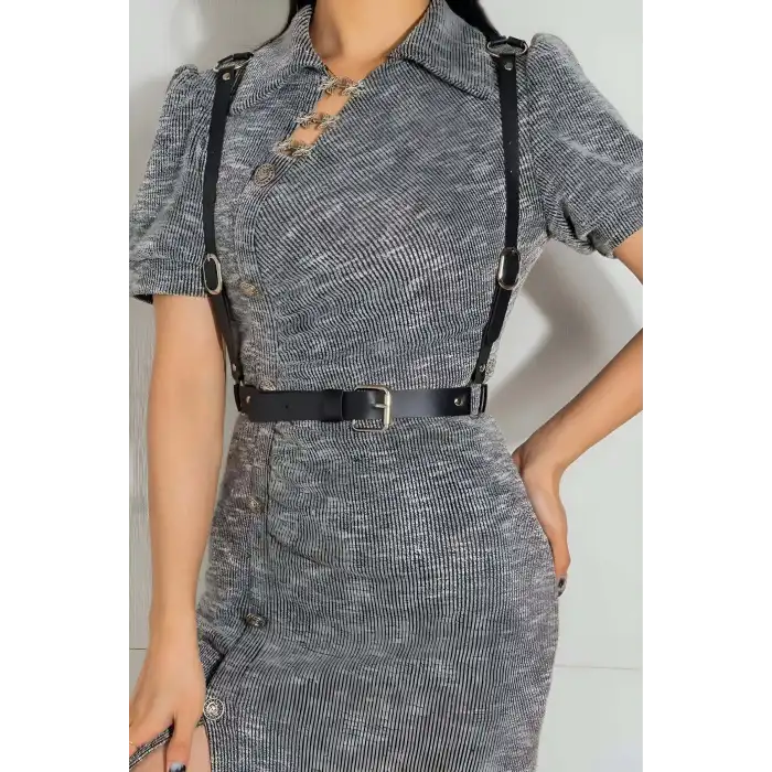 Seksi Deri Arkası Üçgen Detaylı Giysi Üzeri Bel Kemeri Harness - APFT1181