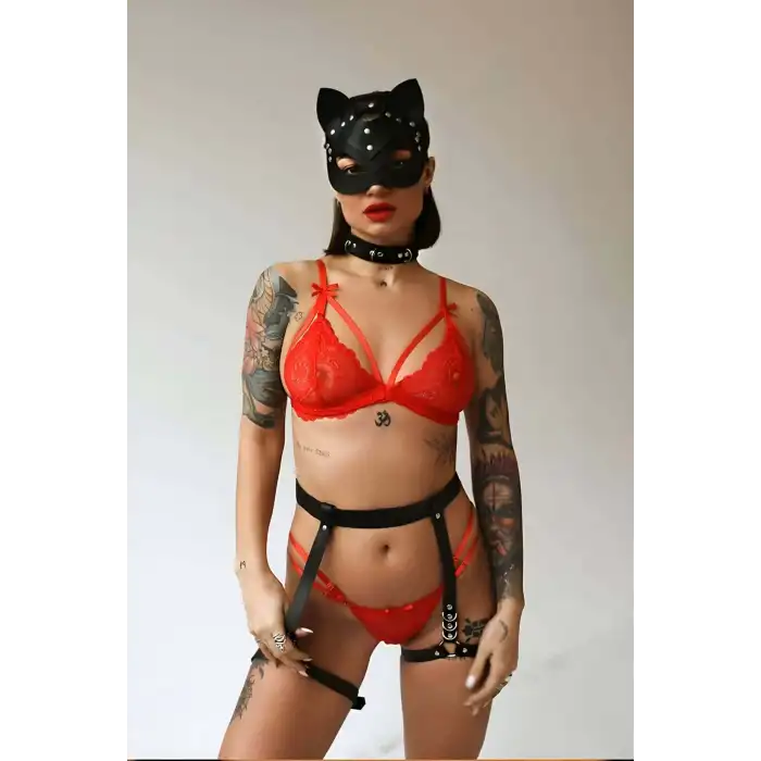 Seksi Deri Maske Tasma Ve Jartiyer Harness Takım - APFT783