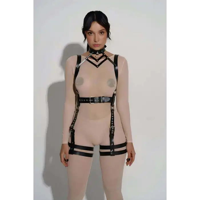 Şık Deri Body Harness, Tasma ve Kemer Detaylı Harness  - APFT1301