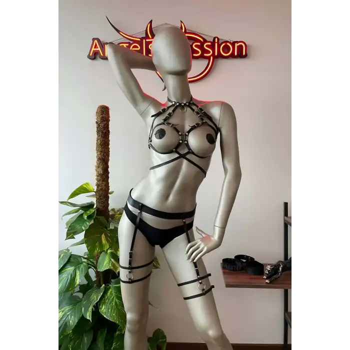 Siyah Deri Erotik Giyim Jartiyer Harness Takım - APFT325