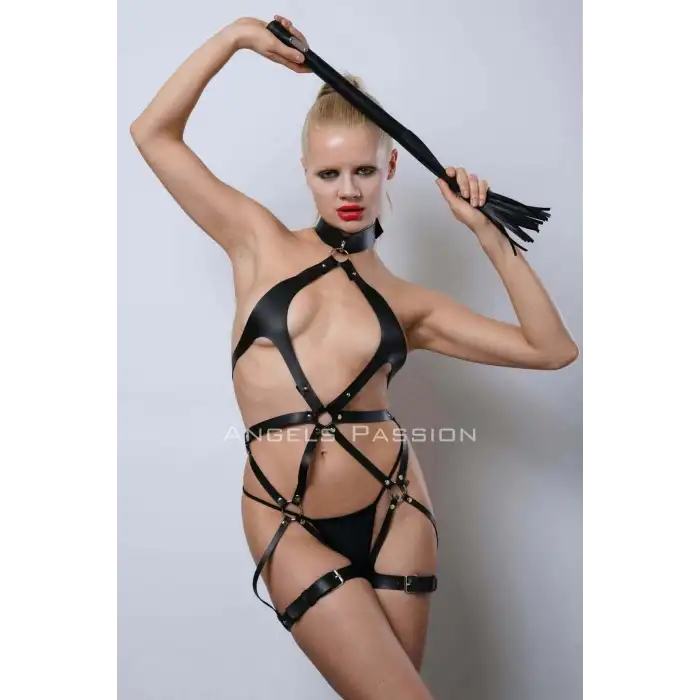 Siyah Kırbaçlı Deri Harness, Full Body Deri Harness, Erotik Deri İç Giyim - APFT1348