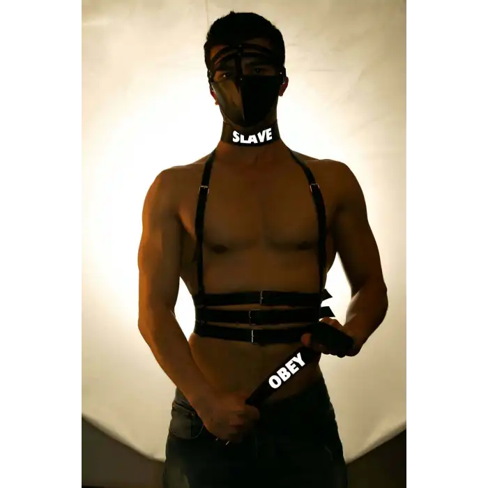 SLAVE ve OBEY Baskılı Reflektörlü Deri Choker