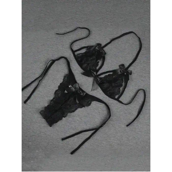 Tegan Büyük Beden Fantezi Seksi Siyah Fiyonk Süslemeli Dantelli Sütyen String Takımı TG279707-B