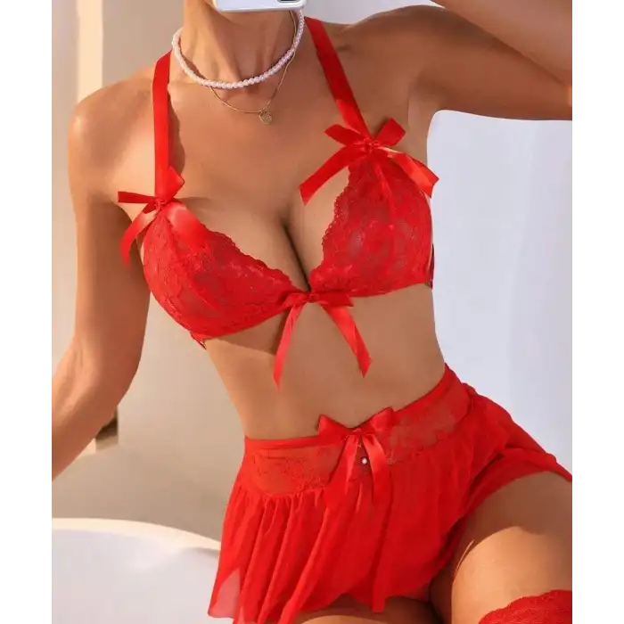 Tegan Fantazi Kırmızı Dantelli Fiyonklu Seksi Babydol  TG279240