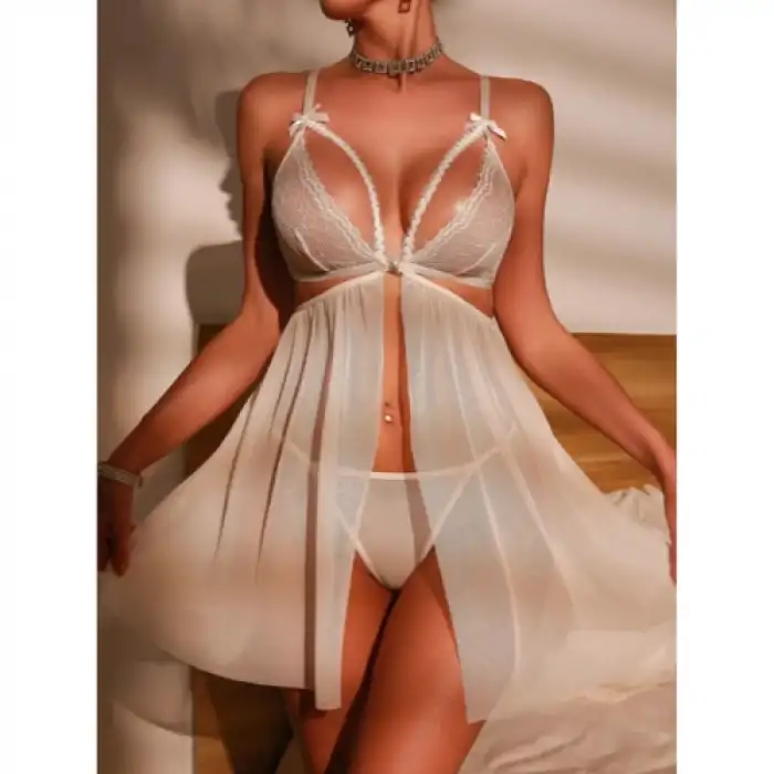 Tegan Fantezi Beyaz Dantel Sütyenli Transparan Gecelik TG273271