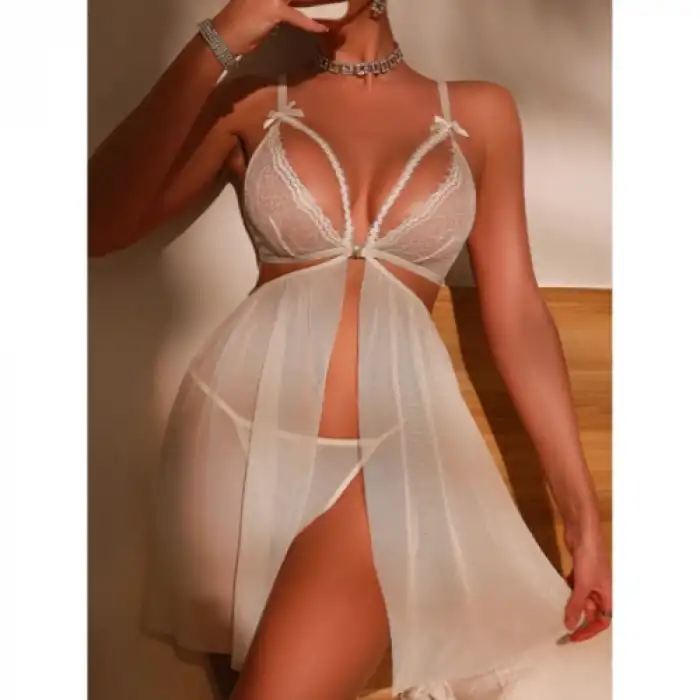 Tegan Fantezi Beyaz Dantel Sütyenli Transparan Gecelik TG273271