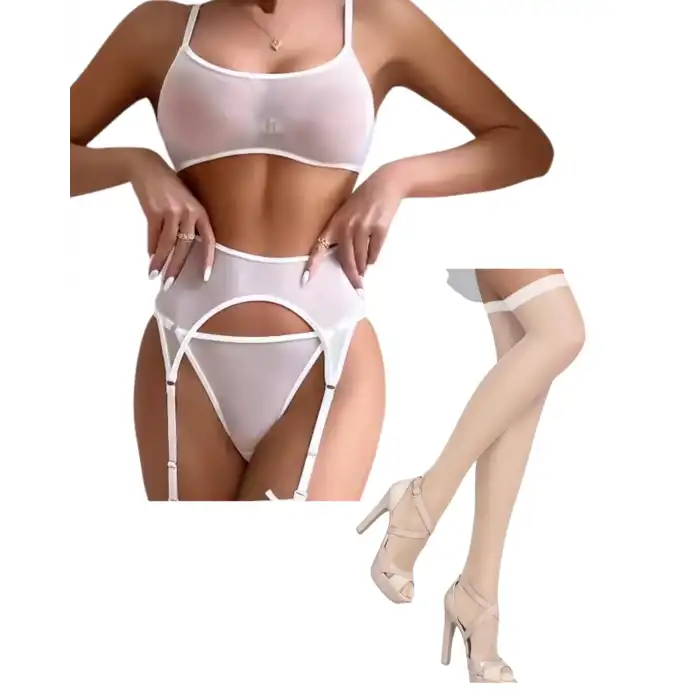 Tegan Fantezi Beyaz Transparan Tül Jartiyer Takımı TG273262