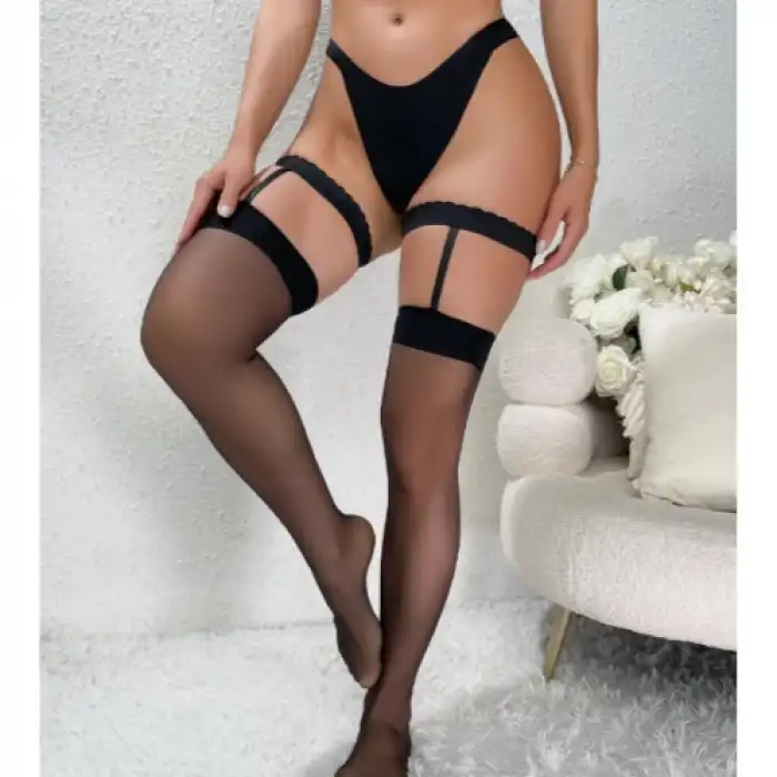 Tegan Fantezi Kadın Siyah Dantel Bacak Bantlı String Jartiyer Çorap Takımı TG270046