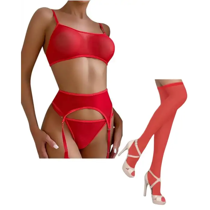 Tegan Fantezi Kırmızı Transparan Tül Jartiyer Takımı TG273264