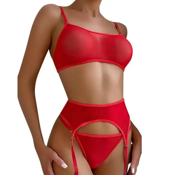 Tegan Fantezi Kırmızı Transparan Tül Jartiyer Takımı TG273264