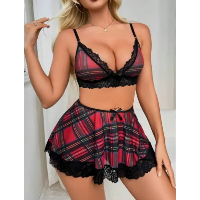 Tegan Fantezi Seksi Dantelli Ekose Sütyen Mini Etek Takım TG2710128