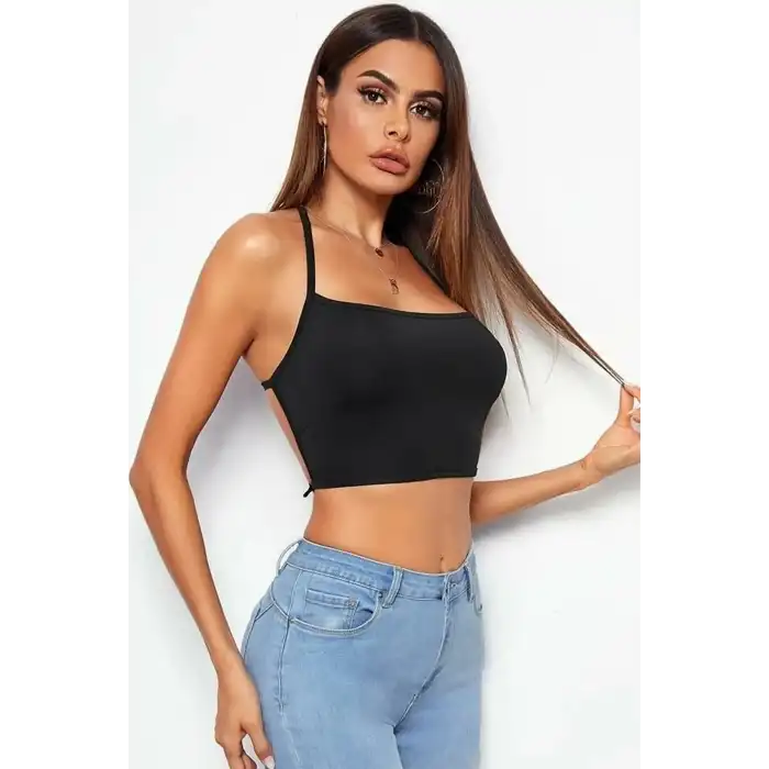 Tegan Kadın Sırtı Açık Siyah Belden Bağlamalı Crop Büstiyer TG275441