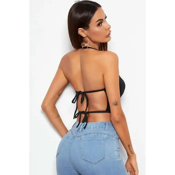 Tegan Kadın Sırtı Açık Siyah Belden Bağlamalı Crop Büstiyer TG275441