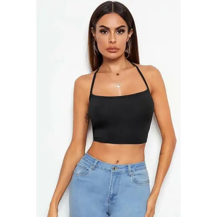 Tegan Kadın Sırtı Açık Siyah Belden Bağlamalı Crop Büstiyer TG275441