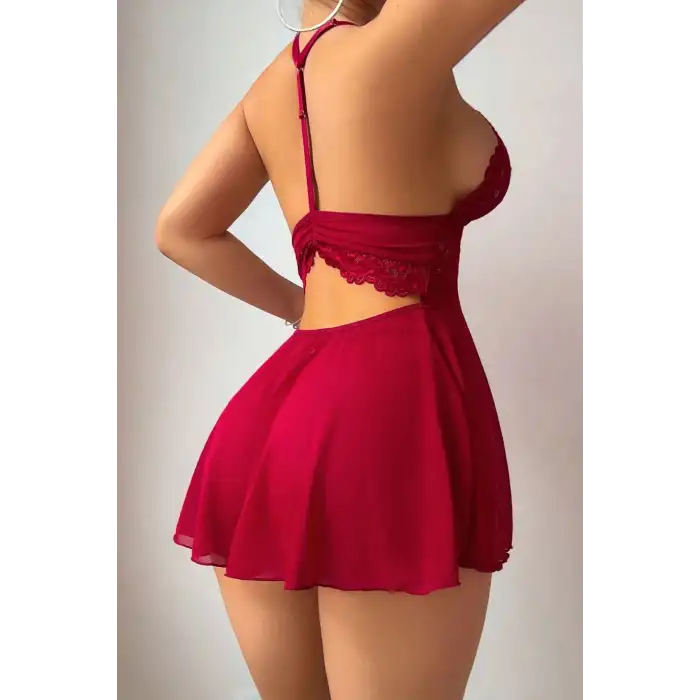 YNT Kırmızı A Kalıp Dantel Detaylı Mini Gecelik 15937