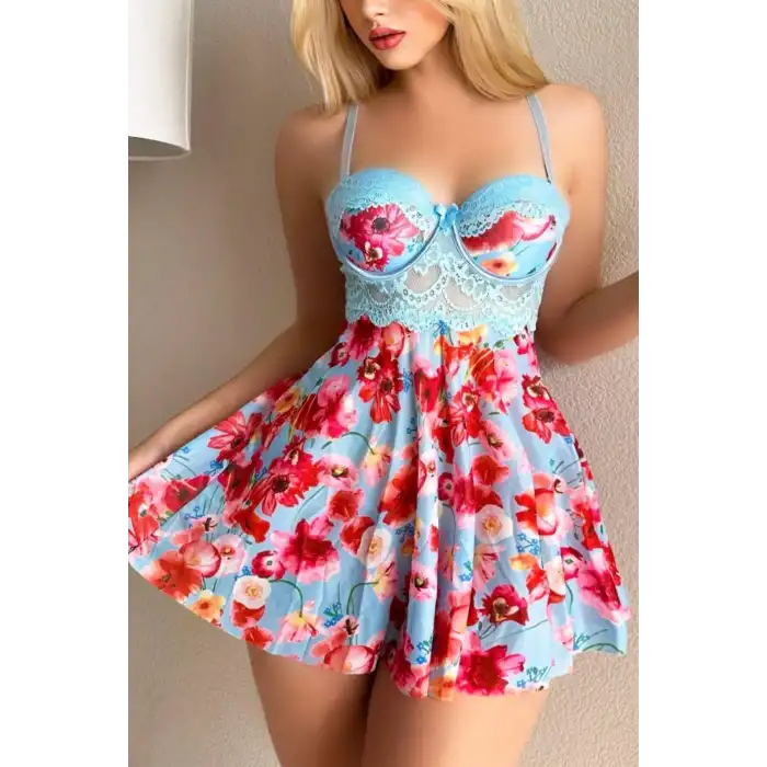 YNT Mavi Rüya Gecesi Çiçekli Askılı Mini Gecelik 15628