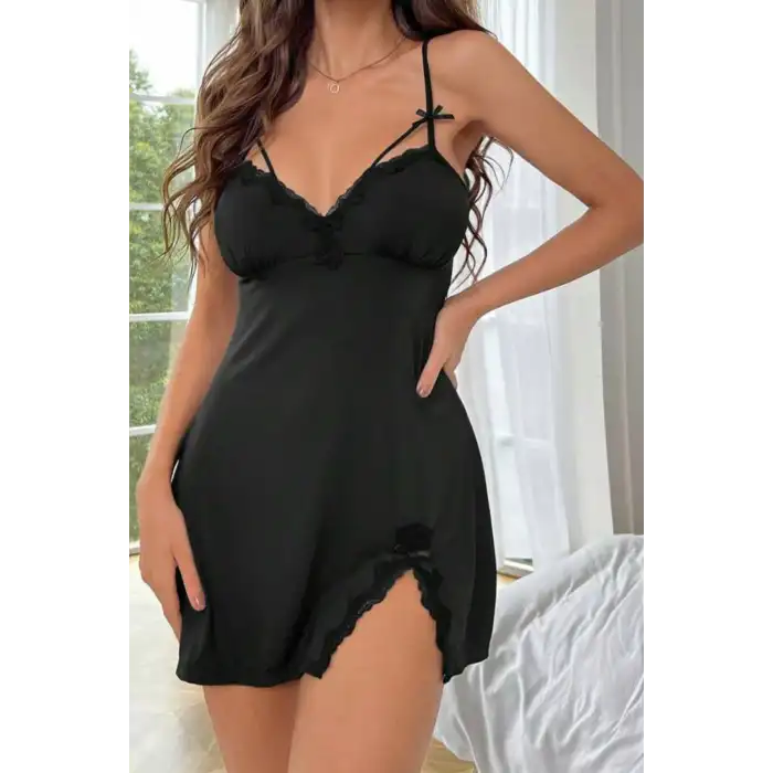 YNT Siyah Dökümlü Yırtmaç Detay Şık Geceliik 15531 